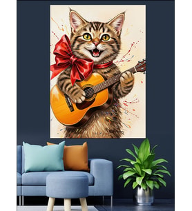 Gitar Çalan Kedi Müzisyen Dekoratif Kanvas - Mdf Ahşap Tablo