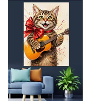 Gitar Çalan Kedi Müzisyen Dekoratif Kanvas - Mdf Ahşap Tablo