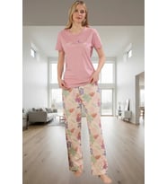 Pamuklu Çiçekli Pijama Takımı Renk Regular Kalıp Boru Paça Şık Görünüm Konforlu Kesim (Pembe)
