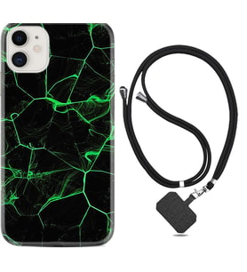 Apple iPhone 11 12 13 Mini Kılıf Boyun Askılı Silikon Yeşil Şerit Mermer 1320