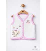 Kız Bebek Yelek Jakarlı Kalp Desenli Pamuklu Çıtçıtlı Fil Baskılı Bebek Yeleği Mevsimlik,Yumuşak (Ekru-Pembe)