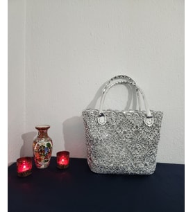 Lacebag, Metalik İp, Gümüş Parlak Deri Detaylı, Dantel, Işıltılı Kadın Çantası