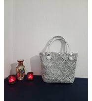 Lacebag, Metalik İp, Gümüş Parlak Deri Detaylı, Dantel, Işıltılı Kadın Çantası