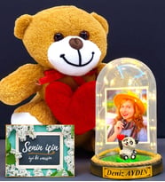 Kişiye Özel Premium Hediye Seti  Led Işıklı Fanus ve Kalpli Peluş Ayıcık (Model 1)