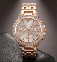 Lüks Taşlı Kronograf Görünümlü Çelik Kordonlu Bayan Kadın Kol Saati (RoseGold)