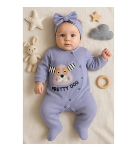 3-18 Ay Kız Bebek Tulumu Pretty Dog Nakış Bandanalı Lila