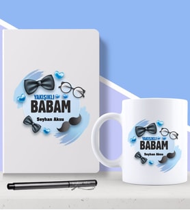 BK Gift Kişiye Özel Yakışıklı Babam Tasarımlı Beyaz Defter Kalem ve Kupa Seti-1 (Model 1)