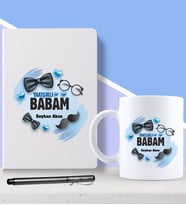 BK Gift Kişiye Özel Yakışıklı Babam Tasarımlı Beyaz Defter Kalem ve Kupa Seti-1 (Model 1)