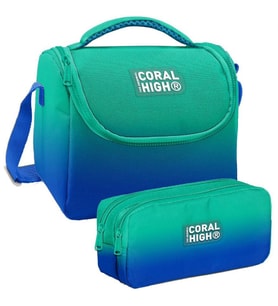 Coral High Yeşil Saks Renk Geçişli Desenli Erkek Çocuk Isı Yalıtımlı Beslenme Çantası ve Kalemlik Seti