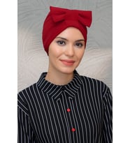 Kırmızı Pratik Hazır Geçmeli Tesettür Bone Sandy Kumaş Fiyonklu Büzgülü 7010_31
