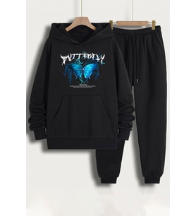 Unisex Blue Butterfly Baskılı Eşofman Takımı (Siyah)