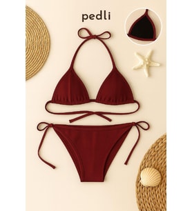 Kadın Bordo Yandan ve Boyundan Bağlamalı Bikini Mayo Takımı