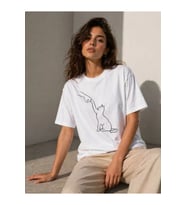 Minimal Kedi Çizim Baskılı Tişört Kısa Kol Yazlık T-Shirt - Beyaz