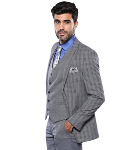 Ekose Lacivert Desen Slim Fit Yelekli Takım Elbise  Wessi