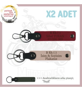 Sevdiğinize Özel, İsim Plaka ve B Rh (-) Kan Grubu Yazılı Deri x2 Anahtarlık, Yavruağzı-Kırmızı-Ysl (Çok Renkli)