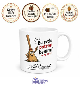 İsimli Süpürge Desenli Komik Ev Hanımı Kupası Hediye Bardak Özel Tasarım