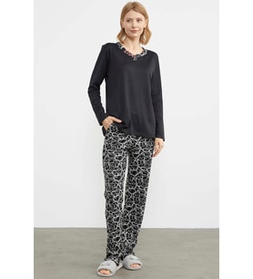 Yakası Düğme Detaylı Pijama Takım - Siyah