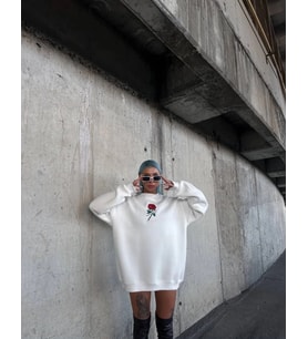 pilelistore- Oversize Üç İplik Bisiklet Yaka Baskılı SweatShirt - Beyaz