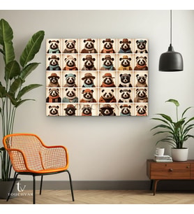 Yatay Kanvas Tablo Şapkalı Panda Portreleri Hayvan Tablosu Ev Ofis Duvar Dekoru