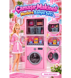 Çamaşır Makineli Banyo Seti - Modern Banyo Seti - Minyatür Ev Oyuncak Seti - Banyo Oyuncak Seti - Ça