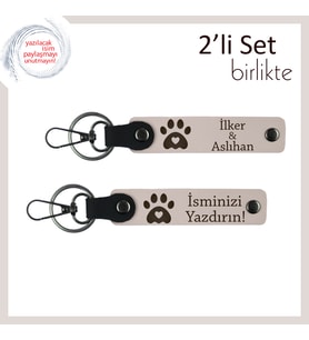 Kedi İsimli Yazılabilir Kalpli Pati Anahtarlık, Sevgiliye Özel Hediyelik Set, Pudra-Pudra