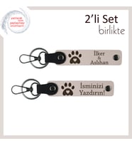 Kedi İsimli Yazılabilir Kalpli Pati Anahtarlık, Sevgiliye Özel Hediyelik Set, Pudra-Pudra