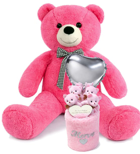 Kişiye Özel İsim Yazılı Peluş Silindir Kutuda 4'lü Pembe Ayıcık Buketi & 90 Cm Peluş Ayı Seti Kıza, Eşe, Sevgiliye Hediye (Fuşya)