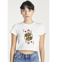 Karo Papaz Baskılı Kadın Crop T-shirt (Beyaz)
