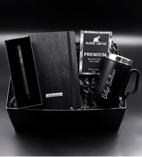 Kişiye Özel 280 ML Kulplu Siyah Çelik Termos & Alerya Premium Filtre Kahve & Siyah Defter & Siyah Mat Roller Kalem Hediye Seti