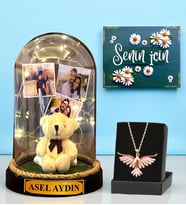 Premium Set - Kişiye Özel Led Işıklı Fanus ve Zümrüdü Anka Kuşu Kolyesi (Model 1)