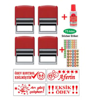 Öğretmen Kaşesi 4 Adet Kaşe + 1 Adet Mürekkep (20 cc) + 4 Yaprak Sticker Etiket Öğrenci Motivasyon Kaşeleri