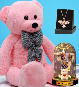 Büyük Boy Pembe Peluş Ayıcık, Size Özel Led Işıklı Fanus ve Zümrüdü Anka Kuşu Kolye (Model 3)