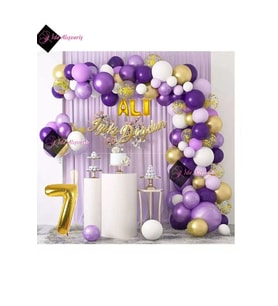 3 Harf İsimli 7 Yaş Macaron Mor Balon Zinciri Seti Gölge Mor Altın Balon Dekorasyon