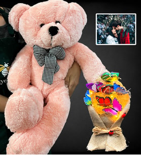 Size Özel Led Işıklı Fotoğraflı Ayıcık Buketi ve Büyük Boy 80cm Pembe Peluş Ayıcık (Model 7)
