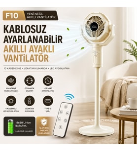 Kablosuz Ayaklı Vantilatör, Uzaktan Kumandalı, 10 Kademeli Hız Ayarlı, Otomatik Salınımlı, LED Aydınlatmalı, Şarjlı Taşınabilir Vantilatör