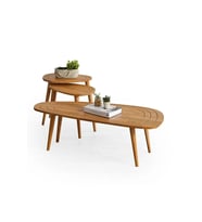 FAVdecor Sweet Masif Doğal Ahşap Orta Sehpa Ve 2'li Zigon Sehpa Set, Modern Masif Yan Ve Orta Sehpa Set (Meşe)