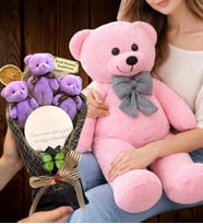 Kişiye Özel Aynalı Mor Ayıcık Buketi ve Büyük Boy Peluş Ayıcık Premium Ayıcık Seti (Model 2)
