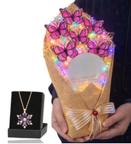 Renkli Led Işıklı Aynalı Kelebek Buketi ve Gerçek Ametist Taşlı Lotus Kolye (Pembe)