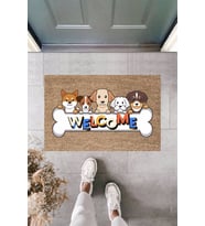 Dormot Modern Baskı - Welcome Köpekler - Karşılama Kapı Önü Paspası (Bej)