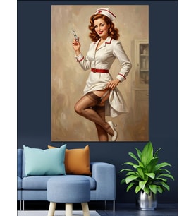 Şırınga Tutan Pin-Up Hemşire Dekoratif Kanvas - Mdf Ahşap Tablo