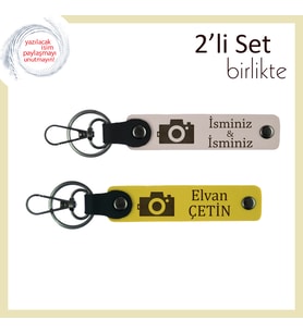 Deklanşöre Her Bastığında Hatırla, Kamera Motifli, İsme Özel Anahtarlık Takımı, Pudra-Sarı