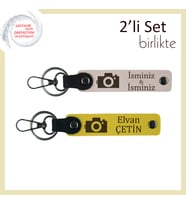 Deklanşöre Her Bastığında Hatırla, Kamera Motifli, İsme Özel Anahtarlık Takımı, Pudra-Sarı