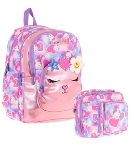 Kaukko Kids Okul ve Beslenme Çantası Seti (Kız Çocuk) - Kedi Şekilli Pembe Mor - (L5219+L7219)