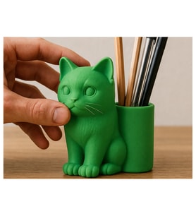 Alvera Kedi Figürlü Kalemlik – 3D Baskı Masaüstü Organizer - Yeşil