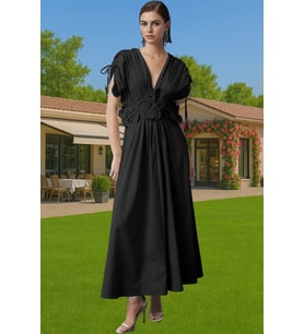 Kadın Yazlık Poplin Abiye Elbise 3D Çiçek Detay Midi Boy Modern Stil Zarifane Tasarım