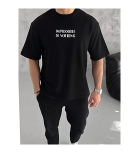 Unisex Bisiklet Yaka Baskılı Oversize T-Shirt - Siyah
