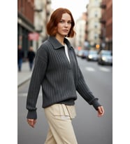 Kadın Oversize Polo Yaka Düşük Kol Fitilli Triko Kazak Kışlık Günlük Şıklığı Tamamlayan Konforlu