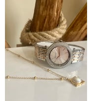 Rose&Silver Çelik Büyük Kasalı Kadın Kol Saati+%100 Çelik Kolye Hediyeli (Bronz)