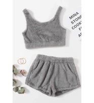 Merry See Kolsuz Askılı Peluş Polar Alt Üst Şortlu Pijama Takımı (Gri)