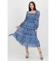 Neşeli butik kadın indigo desenli kare yaka gipeli şifon elbise NB10036